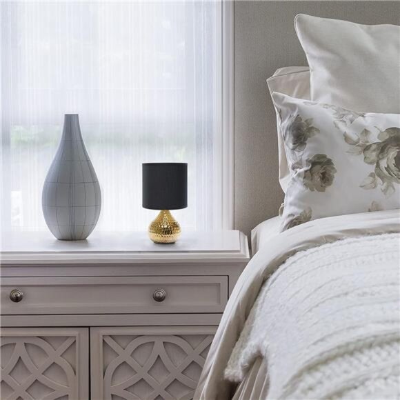 Gold hammered table lamp small black shade nightstand light modern home decor - Picture 2 of 7